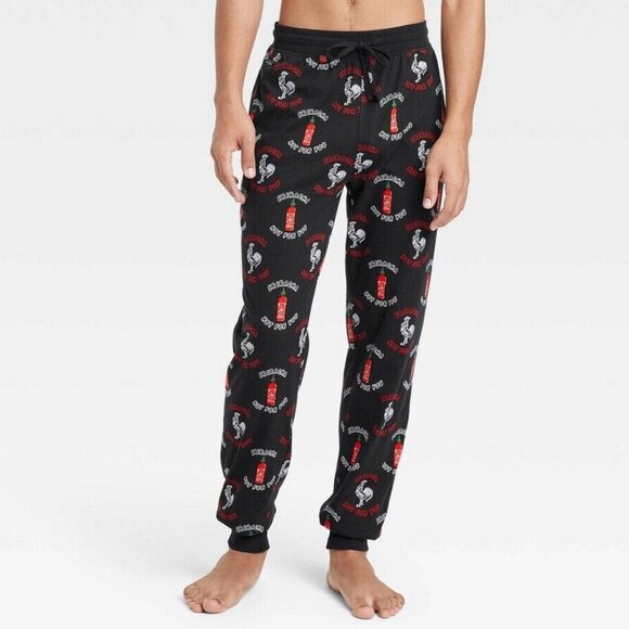 NWT Sriracha Hot Sauce Pajama Sleep Pant Loungewear Jogger Pockets Black Men's S - Picture 1 of 16